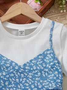 SHEIN Girls Ditsy Floral Print 2 In 1 Tee - Blue and White - View 4