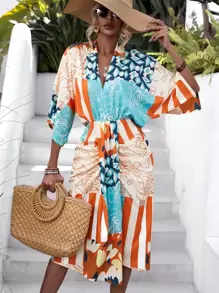 GENKIRA Allover Print Batwing Sleeve Split High Dress - Multicolor - View 5