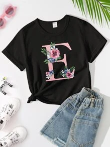 Modebewusstes Lässig T-Shirt für Tween Mädchen mit schwarzem Kurzarm und großem Buchstaben und Blumen Muster Design