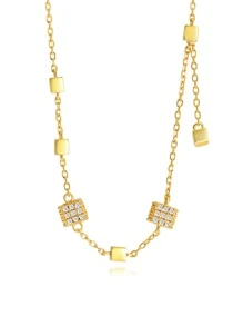 方晶鋯石方形裝飾銀項鍊 - 黃色 - 查看 1
