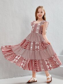 SHEIN Chicas Vestido con estampado geométrico ribete con fruncido - Rojo y blanco - Ver 3