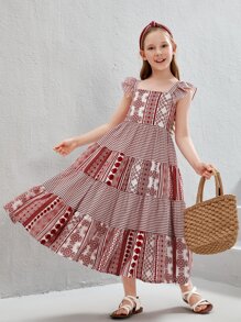 SHEIN Chicas Vestido con estampado geométrico ribete con fruncido - Rojo y blanco - Ver 2