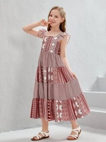 SHEIN Chicas Vestido con estampado geométrico ribete con fruncido - Rojo y blanco - Ver 4