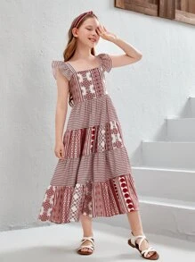 SHEIN Chicas Vestido con estampado geométrico ribete con fruncido - Rojo y blanco - Ver 6