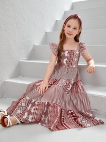 SHEIN Chicas Vestido con estampado geométrico ribete con fruncido - Rojo y blanco - Ver 1