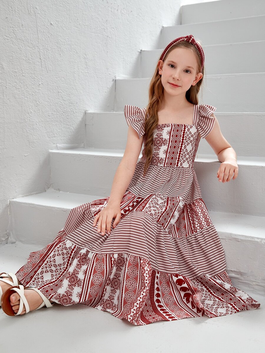 SHEIN Chicas Vestido con estampado geométrico ribete con fruncido - Rojo y blanco - Ver 1