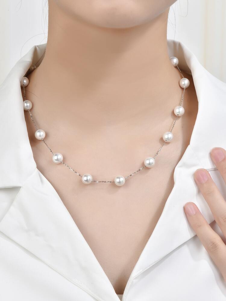 Faux Pearl Decor Silver Necklace - White - View 2