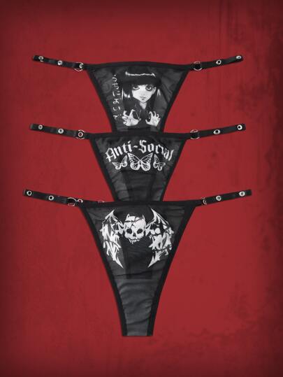 Grunge Punk 3pack Letter Skull & Figure Graphic Thong Set
