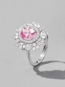 Nhẫn cưới bằng bạc trang trí hoa đính đá Zirconia - Hồng - Xem 1