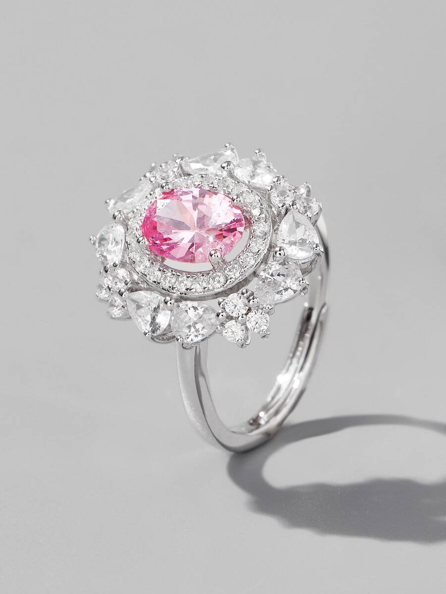 Nhẫn cưới bằng bạc trang trí hoa đính đá Zirconia - Hồng - Xem 1