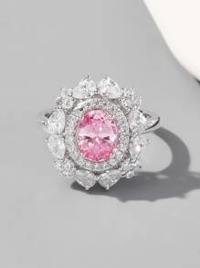 Nhẫn cưới bằng bạc trang trí hoa đính đá Zirconia - Hồng - Xem 2