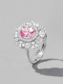 Nhẫn cưới bằng bạc trang trí hoa đính đá Zirconia - Hồng - Xem 3