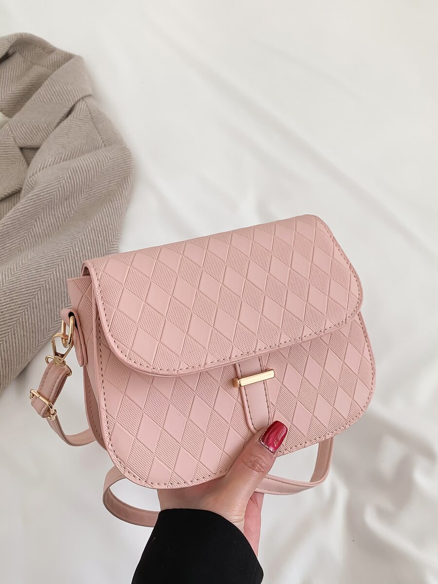 迷你幾何浮雕金屬鎖翻蓋馬鞍包 - 粉色 - 查看 1
