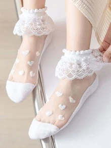 小女童愛心圖案荷葉邊短襪 - 白色 - 查看 2