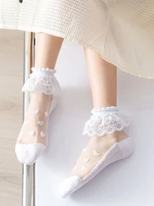 小女童愛心圖案荷葉邊短襪 - 白色 - 查看 6