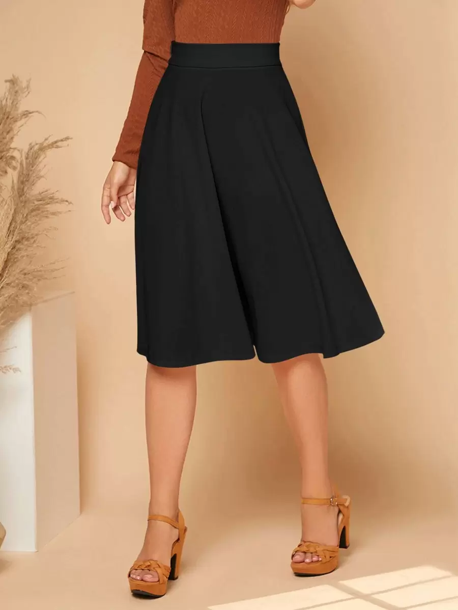SHEIN Privé Solid Wide Waistband Skirt - Black - View 1