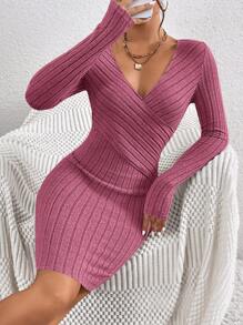 SHEIN Frenchy Đầm bodycon dệt kim có gân cổ Surplice - Màu Hồng Tươi - Xem 1