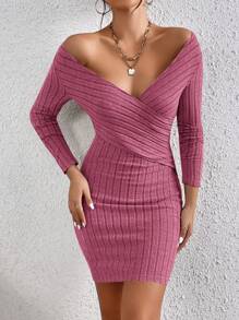 SHEIN Frenchy Đầm bodycon dệt kim có gân cổ Surplice - Màu Hồng Tươi - Xem 4