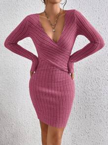 SHEIN Frenchy Đầm bodycon dệt kim có gân cổ Surplice - Màu Hồng Tươi - Xem 5