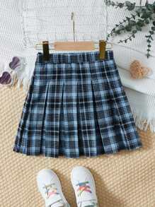 SHEIN 女孩蘇格蘭格紋百褶半身裙