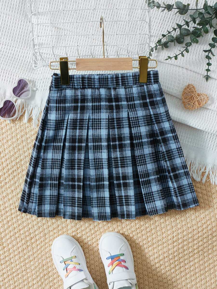 SHEIN 女孩蘇格蘭格紋百褶半身裙