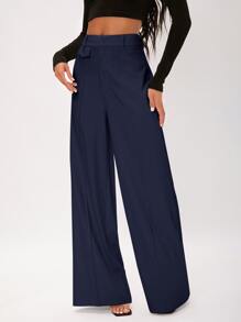 SHEIN Tall Seam Front Wide Leg Pants - Navy Blue - View 1