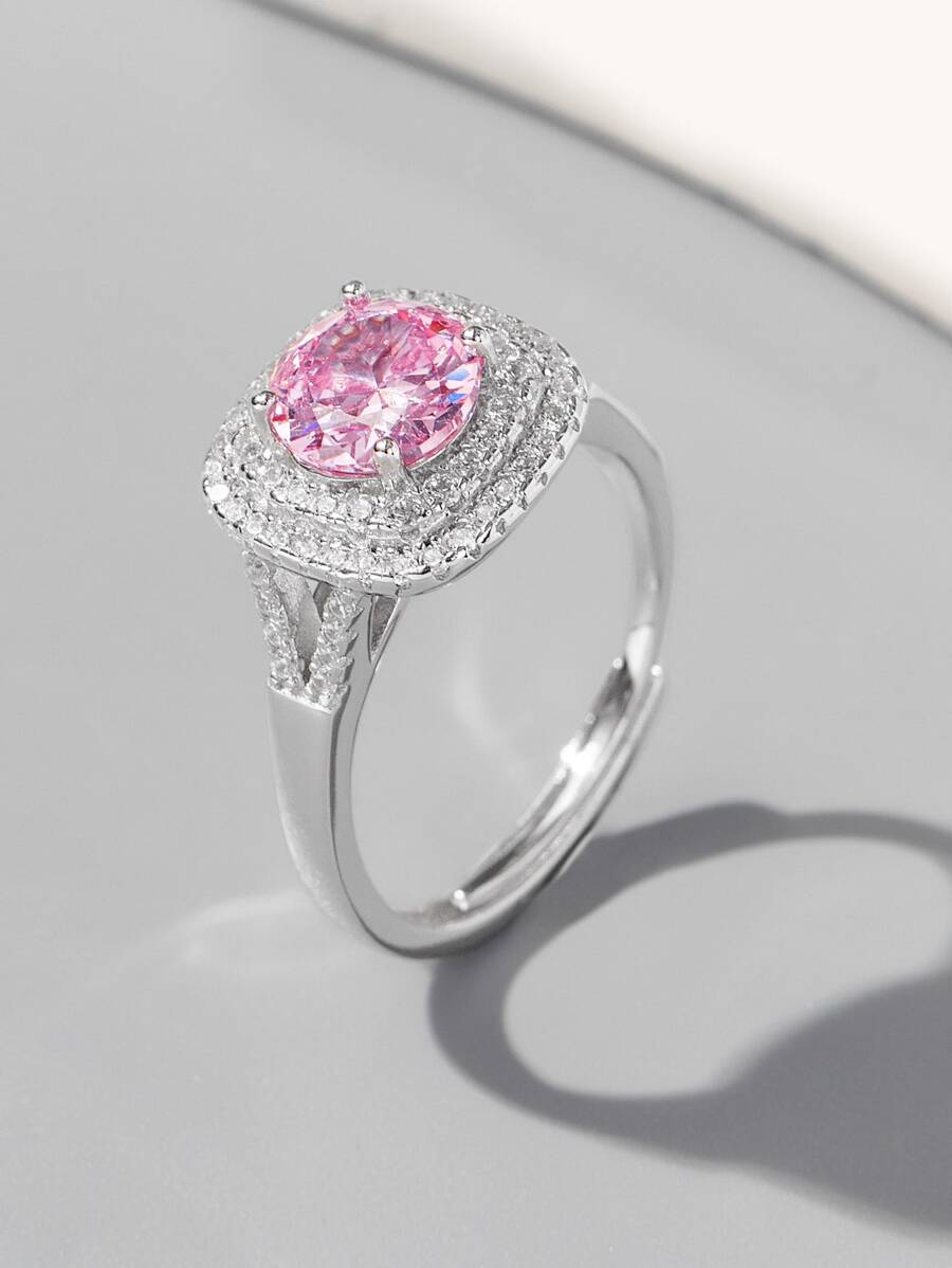925 Sterling Silver Square Design Ring, Suitable As Valentine's Day Gift - Pink - View 1