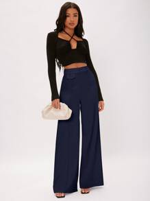 SHEIN Tall Seam Front Wide Leg Pants - Navy Blue - View 5
