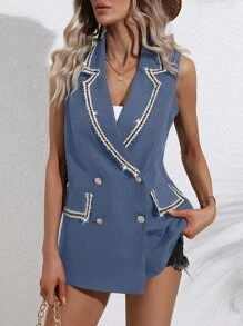 SHEIN Clasi Contrast Trimmed Double Breasted Vest Blazer - Dusty Blue - View 4