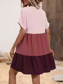 SHEIN VCAY Colourblock Batwing Sleeve Ruffle Hem Smock Dress - Red - View 2