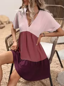 SHEIN VCAY Colourblock Batwing Sleeve Ruffle Hem Smock Dress - Red - View 4