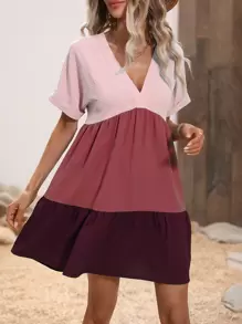 SHEIN VCAY Colourblock Batwing Sleeve Ruffle Hem Smock Dress - Red - View 5