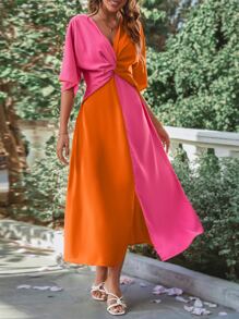 SHEIN VCAY Two Tone Twist Front Split Hem Dress - Hot Pink - View 3
