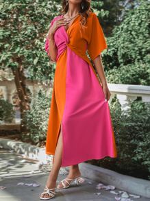 SHEIN VCAY Two Tone Twist Front Split Hem Dress - Hot Pink - View 5