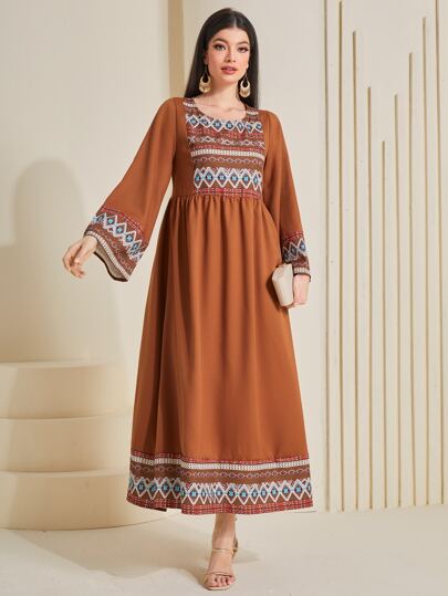 Al Najma Vestido largo de manga larga modesto de cuello redondo con estampado geométrico, estilo árabe