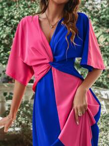 SHEIN VCAY Vestido de dos tonos girante delantero bajo con abertura - azul real - Ver 4