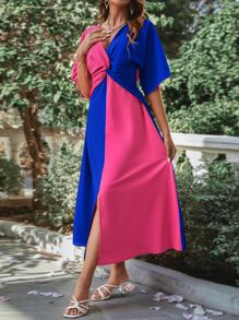 SHEIN VCAY Vestido de dos tonos girante delantero bajo con abertura - azul real - Ver 5