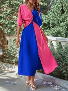 SHEIN VCAY Vestido de dos tonos girante delantero bajo con abertura - azul real - Ver 6