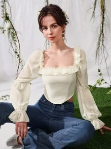 SHEIN MOD Square Neck Ruffle Trim Virago Sleeve Crop Blouse,Long Sleeve Tops - Beige - View 3