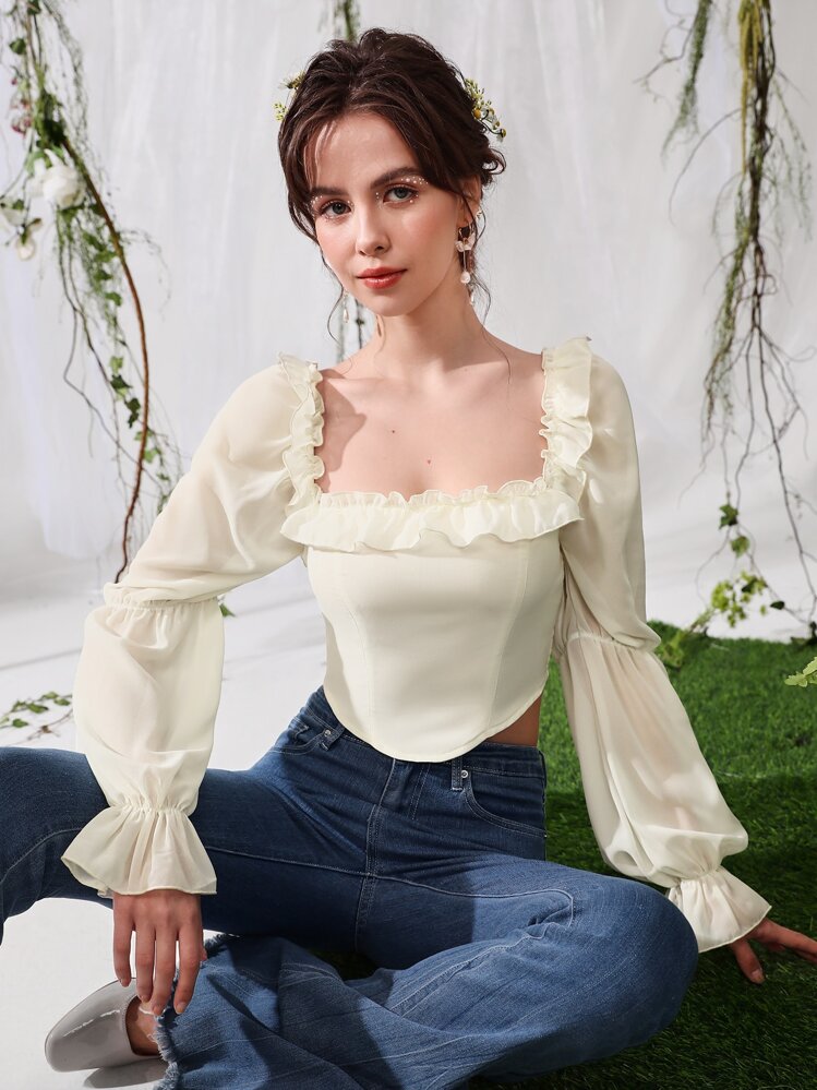 SHEIN MOD Square Neck Ruffle Trim Virago Sleeve Crop Blouse,Long Sleeve Tops - Beige - View 3