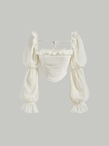 SHEIN MOD Square Neck Ruffle Trim Virago Sleeve Crop Blouse,Long Sleeve Tops - Beige - View 1