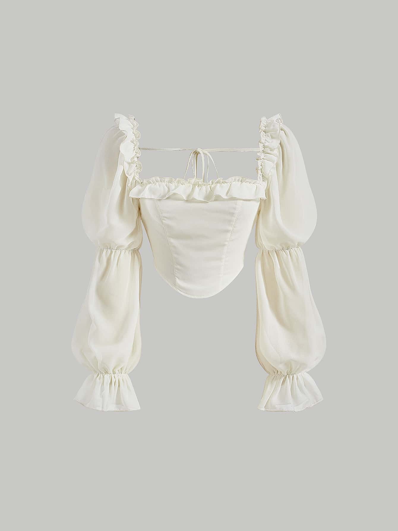 SHEIN MOD Square Neck Ruffle Trim Virago Sleeve Crop Blouse,Long Sleeve Tops - Beige - View 1