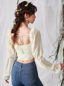 SHEIN MOD Square Neck Ruffle Trim Virago Sleeve Crop Blouse,Long Sleeve Tops - Beige - View 4