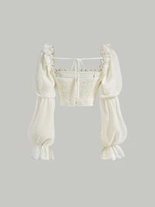 SHEIN MOD Square Neck Ruffle Trim Virago Sleeve Crop Blouse,Long Sleeve Tops - Beige - View 2