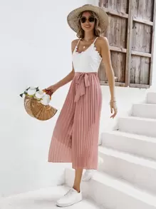 SHEIN Frenchy Patchwork Hollow Out Embroidered Wide Leg Jumpsuit Summer Pink Casual - Dusty Pink - View 5