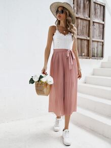 SHEIN Frenchy Patchwork Hollow Out Embroidered Wide Leg Jumpsuit Summer Pink Casual - Dusty Pink - View 3