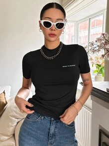 DAZY 字母圖案高領短袖t恤 - 黑色 - 查看 1