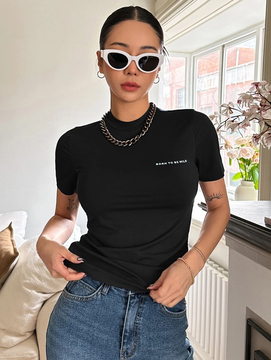 DAZY 字母圖案高領短袖t恤 - 黑色 - 查看 1