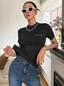 DAZY 字母圖案高領短袖t恤 - 黑色 - 查看 2