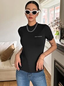 DAZY 字母圖案高領短袖t恤 - 黑色 - 查看 3